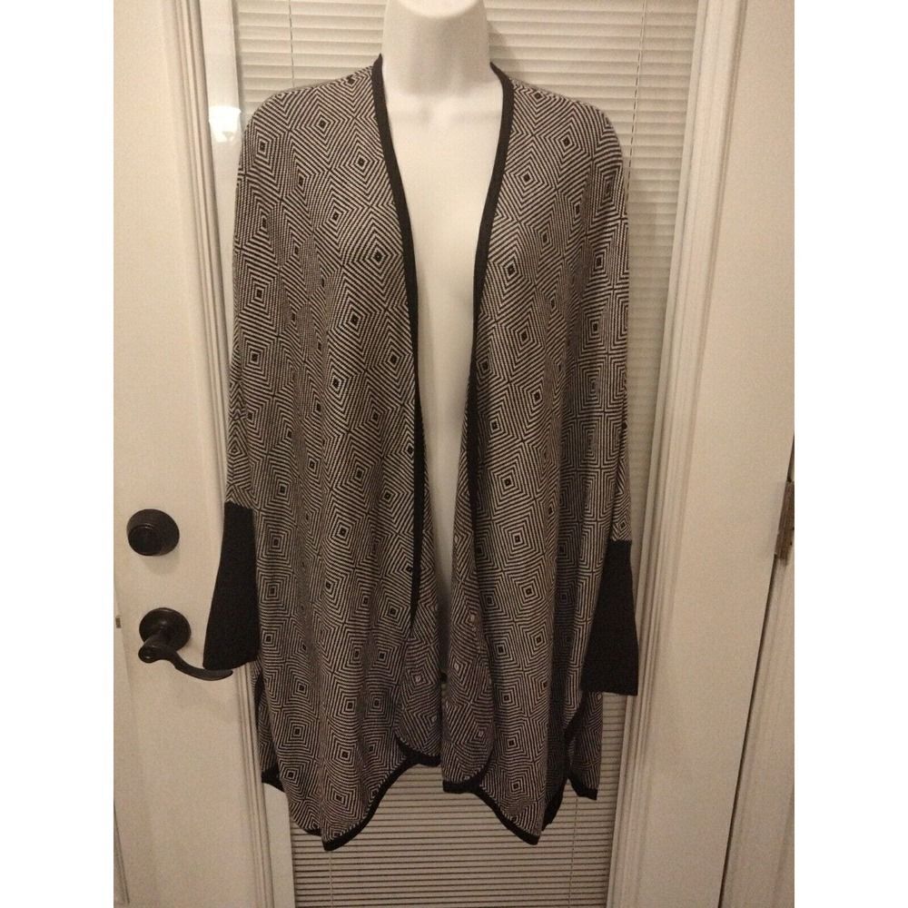 Alfani Black White Wool Nylon Blend Wrap Sweater Poncho High Low Bottom